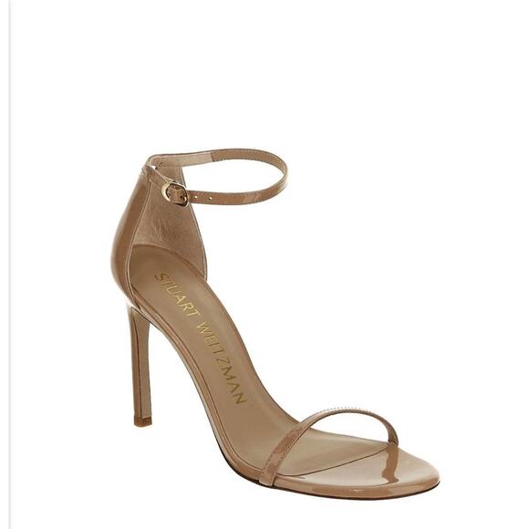 Stuart Weitzman Nudistsong Stiletto Ankle Wrap patent Leather Heels 8.5 Nude - Picture 1 of 12
